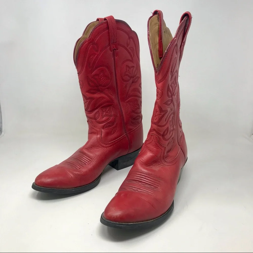Ariat Red Leather Western Cowgirl Boots Size 8B - Picture 1 of 12